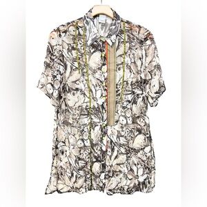 Alain Weiz 100% Silk Brown Abstract Button Down Tunic Top Womens 14